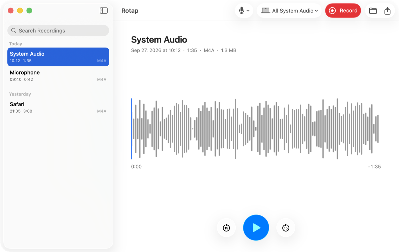 Rotap playing a recording: the list on the left, a seekable waveform on the right